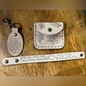 Hand made leather burning keychain, change purse and bracelet.